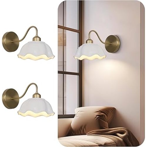 Gold Wall Sconces Set of Two Vintage Industrial Wall Lights Modern Farmhouse Sconces Wall Lighting Indoor Wall Mount Light Fixture with White Glass Lampshade Hardwire Wall Lamp MWL02-2B
