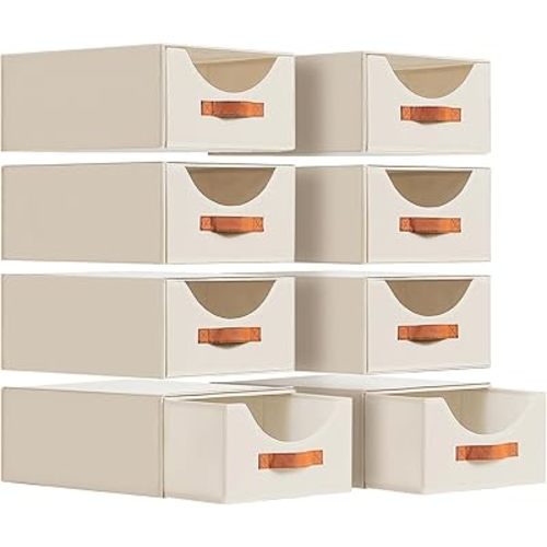 Large Closet Organizers and Storage - Stackable Storage Bins with Drawer, Fabric Containers for Organizing, Collapsible Organizer Bins for Bedroom, 8 Pack, Beige