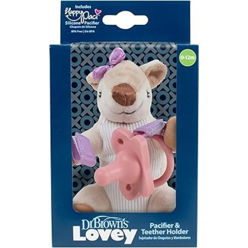 Dr. Brown's Baby Lovey Pacifier and Teether Holder, Deer with Pink HappyPaci, 100% Silicone, 0-6m (Packaging May Vary)