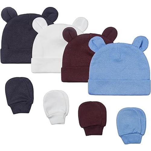 Baby Girl Boy Cotton Cute Beanie Hat 0~6Months Double Layer Fabric 8PCS Infant Bear Ears Cap Anti-Scratch Gloves