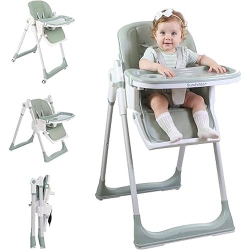 3-in-1 Baby High Chair with Wheels, 5-Point Harness, Tray, Footrest, and Backrest, Foldable and Adjustable for Toddlers 6-36 Months, Green