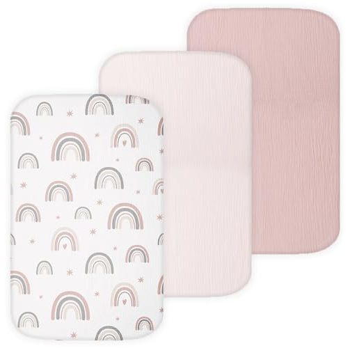 TansyPanda Muslin Bassinet Sheets for Bellababy, Fodoss, KoolerThings, Besrey, Koola Baby Bedside Sleeper, 3 Pack, 20×33 in, Ultra Soft, Breathable, Snug Fit, Unisex Boys and Girls, Pink Rainbow