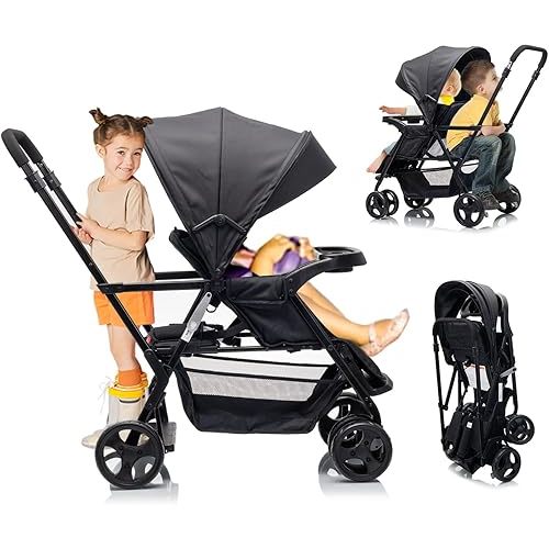 Double Stroller,Sit-Stand Lightweight Travel Folding Stroller for Toddler with Standing Platform,5-Point Harness,Canopy,Kids Tray,Storage