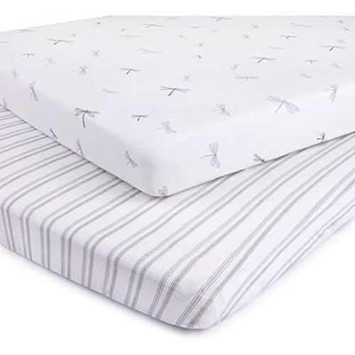 Pack n Play Sheet, Playard, Portable Crib Fitted Sheets 2 Pack - 100% Jersey Cotton for Baby Boy - Blue Dragonflies + Stripes