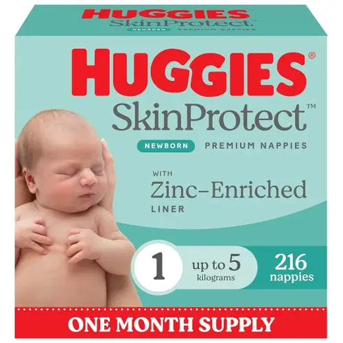 Huggies Newborn Nappies Size 1 (up to 5kg) 216 Count - One Month Supply (Packaging May Vary)