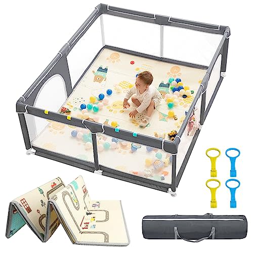 dearlomum Baby Playpen with Mat 71" X 59", Extra Large Play Yard for Babies and Toddlers, Safety Baby Fence, Indoor & Outdoor Kids Activity Play Center with Anti-Slip Suckers and Zipper Gate(Grey)