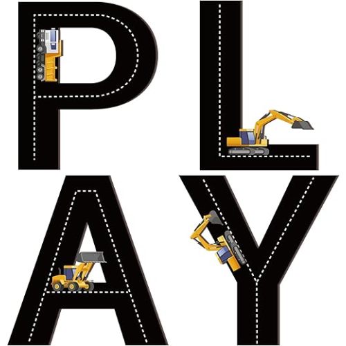 Kathfly 4 Pcs Construction Truck Theme Play Sign Playroom Wall Pediments Wood Construction Wall Art Play Room Decor for Kids Nursery Room Decorations
