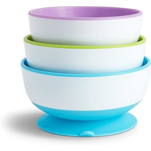 Munchkin Stay Put Suction Bowls for Baby and Toddler, 3 Pack, Blue/Green/Purple