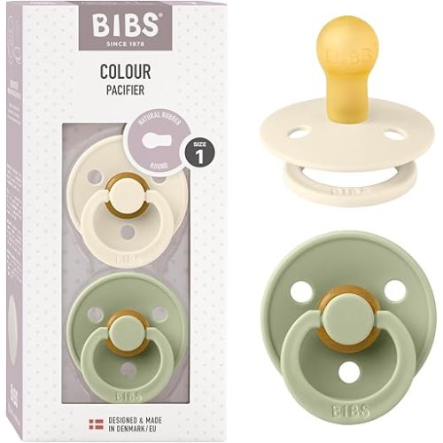 BIBS Pacifiers | Natural Rubber Baby Pacifier | Set of 2 BPA-Free Soothers | Made in Denmark | Sage/Ivory | Size 0-6 Months