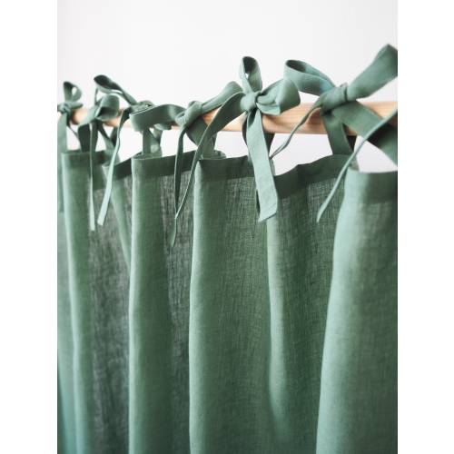 Green tie top curtain panel with ribbons. medium linen (160 g/m2) - 1 pcs