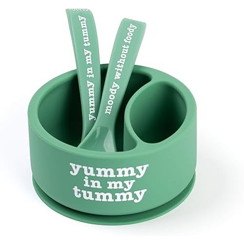 Bella Tunno Bowl and Spoon Baby Feeding Set – Suction Bowl and Baby Spoon for Toddlers and Kids, Baby Led Weaning Spoons and Bowls with Non-Toxic, BPA Free Silicone, Yummy Tummy/Moody
