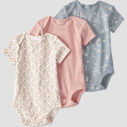 Little Planet by Carter's Organic Baby Girls' 3pk Bodysuit - 12M: Floral Pattern, Short Sleeve, Crotch Snap Closure