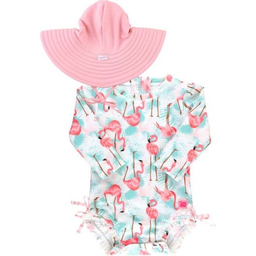 Vibrant Flamingo One-Piece Rashguard Swimsuit & Hat Set, 12-18M
