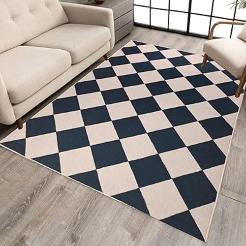 Checkered Area Rug 5x7 Black Washable Living Rugs Non-Slip Modern Ultra Soft Neutral Low Pile Diamond Carpet for Office Dining Room Playroom Kids Room