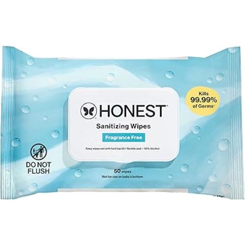 The Honest Company Fragrance-Free Sanitizing Alcohol Wipes, Antibacterial Safe for Hands, Kills 99% of Germs, Made With Aloe, 50 Count (1 Pack)