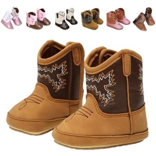 Baby Cowboy Boots for Boys & Girls Embroidery Western Baby Cowgirl Boots Infant Sequin Leather Baby Cowboy Boots Round Toe Ankle High Hook and Loop Shoes Slip-resistant Sole infant First Walker Newborn Soft Sole Flat Shoes