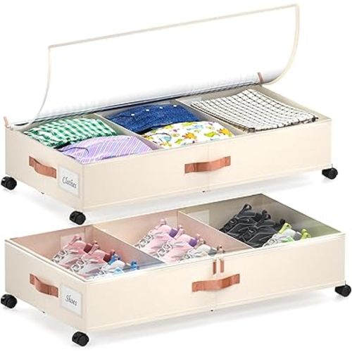 Under Bed Storage with Wheels, 2-Pack XXL 60L Under Bed Storage Containers with Clear Lids, White, 2 Pack (31"x17"x7.2")