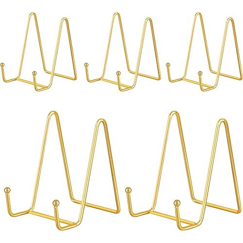 IBosins 5 Pack 4 Inch Plate Holder Display Stands, Metal Gold Frame Stand for Picture, Book, Photo Easel, Creation, Collectibles
