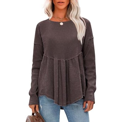 EXLURA Waffle Knit Long Sleeve Shirts for Womens Crewneck Loose Babydoll Tunic Tops Maternity Tops Fall Fashion 2025 Clothes