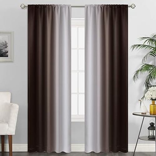 SimpleHome Ombre Room Darkening Curtains for Living Room, Rod Pocket Light Blocking Gradient Brown to Greyish White Thermal Insulated Window Curtains/Drapes for Bedroom, 2 Panels, 52x84 inches Length