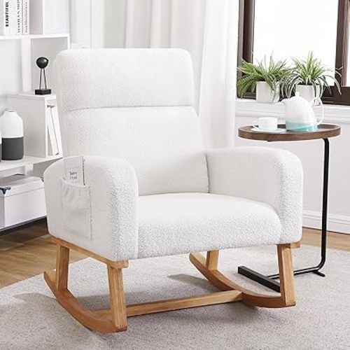 HCHAIRH Rocking Chair Nursery, Glider Rocking Chair for Nursing, Upholstered Nursery Rocker with Side Pocket and High Back for Living Room Bedroom,Teddy White