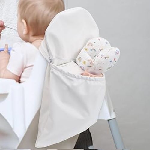 High Chair Back Pocket, Chairs Bag Compatible with Ikea High Chair with Wipeable Waterproof Material, One Large Storage Pouch with Internal Zipper Pocket for Baby (White)