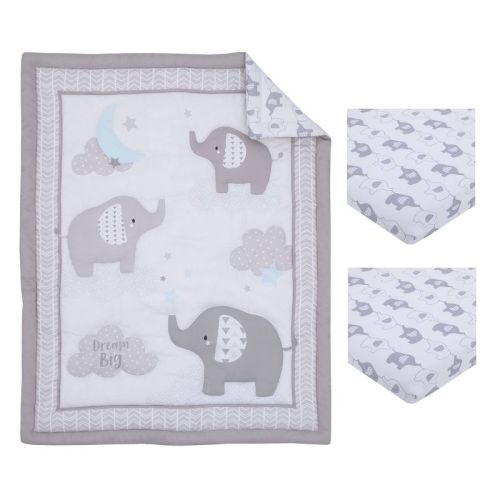 NoJo Elephant Stroll Dream Big Clouds Nursery Mini Crib Bedding Set - 3pc: Microfiber Animals Patterned Quilt