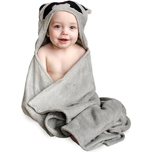 Natemia Baby Hooded Towel - Premium Ultra Soft Baby Bath Towel with Animal Design - Hooded Baby Towels for Newborn to Toddler - Made in Turkey - Perfect Baby Gifts - Grey Raccoon