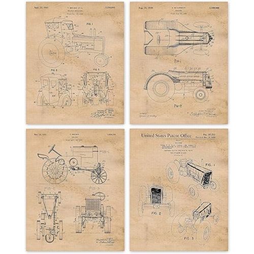 Vintage Tractor Farming Patent Prints, 4 (8x10) Unframed Photos, Wall Art Decor Gift for Home Office Work Gear Garage Shop Man Cave School Teacher Student Rancher Farmer Country Cowboys John Deere Fan