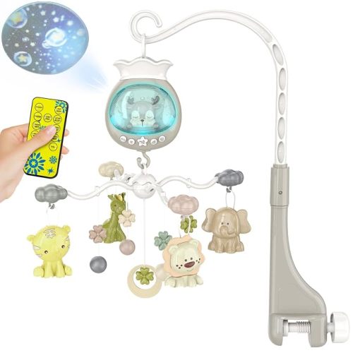 Crib Mobile with Music and Lights, Baby Mobiles for Cribs, Nursery Mobile Arm Hanging Toys for Bassinets Girls Boys Babies, Musical Infant Space Portable Mobiles Clip On Pack and Play Hanger