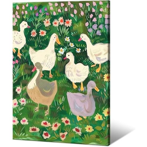 Vintage Nursery Posters Cute Mother Duck Wall Art Sage Green Room Decor Retro Farmhouse Canvas Prints Cottagecore Meadow Painting Aesthetic for Kids Bedroom Kitchen Home Decor 8x12in Framed