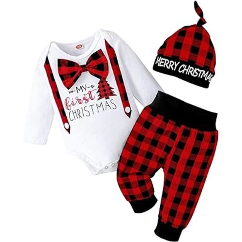 My 1st Christmas Oufit Christmas Baby Boy Outfit Baby Boy Clothes Infant Romper Red Plaid Pants Hat 3Pcs 0-18 Months