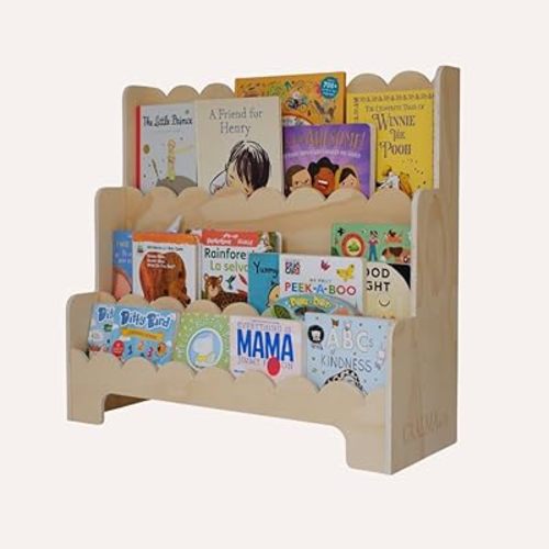 CAALMA Scalloped Book Shelf – Montessori Bookshelf – Wooden 3-Tier Toddler Bookshelf, Front Facing Bookcase for Nursery, Playroom, Kids Room or Classroom