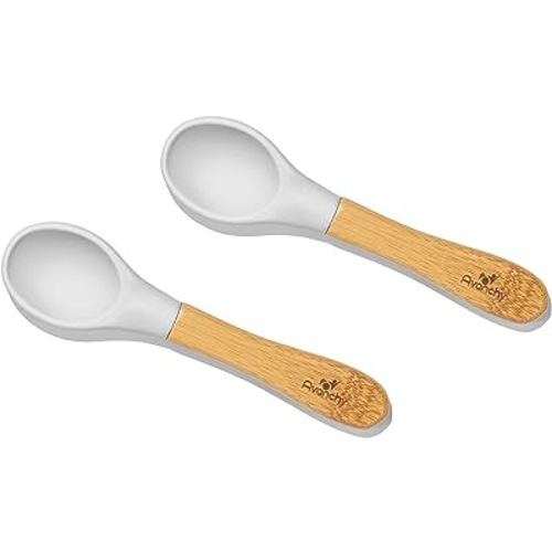 Avanchy Baby Spoons Bamboo and Silicone Set, Self Feeding Food Utensils, 4 Months Baby Led Weaning, 2 Pack