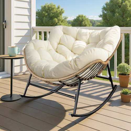 RADIATA Oversized Outdoor Rocking Chair with Cushion, 450 lbs Capacity Oversize Papasan Rocking Chair for Patio, Balcony or Porch, Beige