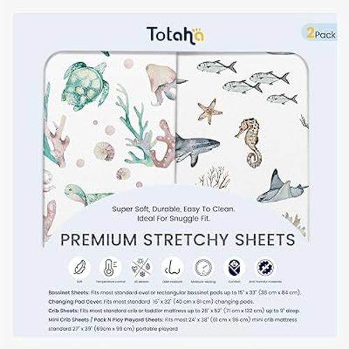 TotAha Premium Soft Bassinet Sheet for Boy Girl, Super Stretchy Jersey Knit Bassinet Fitted Sheet, Compatible with Halo, Maxi COSI, Mika Micky, SNOO, and Other Bassinet, 2 Pack (Sea Animal)
