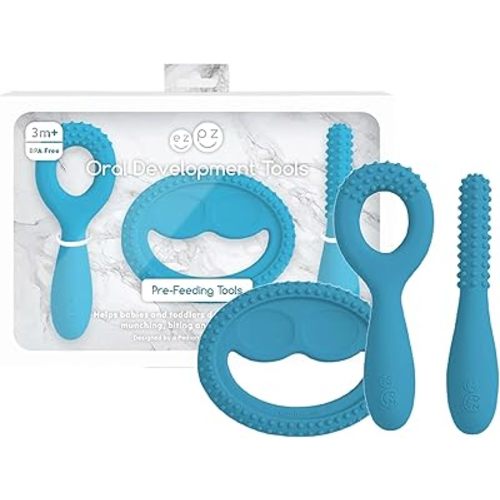 ezpz Oral Development Tools - 3 Months+ (3 Pack in Blue) - Non-Slip Loop, Smile and Stick, 100% Silicone Tools to Practice Feeding + Chewing - Sensory Bumps - Dishwasher Safe