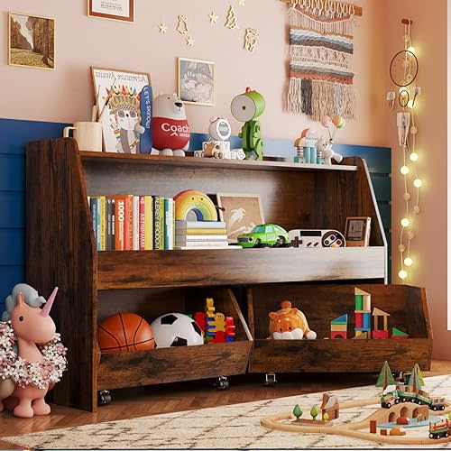COZPAW Toy Storage Organizer with Movable Drawers, Toys Organizer Bookshelf for Toddlers, Toys Cabinet Chest, Bookcase Storage Bins for Kids Room Bedroom Living Room Nursery, 2 Tier Rustic Brown