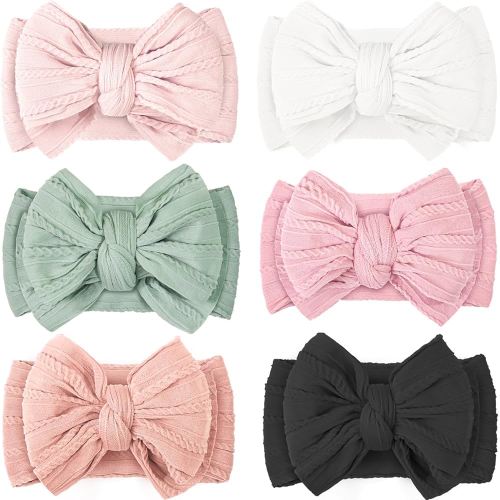 CÉLLOT 6 Pcs Super Stretchy Soft Handmade Headbands with Double Bows Head Wrap Nylon Hair Accessories For Newborn Babies Girls Infants Toddlers