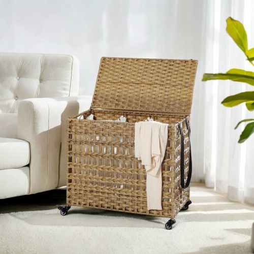 Laundry Hamper With Lid Clothes Hamper Synthetic Rattan 3-section Laundry Sorter Basket With Removable Liner Bags For Laundry Room Natural