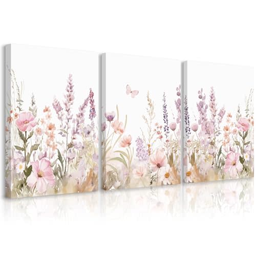 Nursery Girl Floral Wall Art Watercolor Wildflower Canvas Wall Decor Pruple Pink Flower Pictures Nursery Floral Art Prints Girl Room Wildflower Poster for Bedroom Bathroom 12x16x3 Inch Ready to Hang