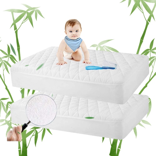 2 Pack 28x52 Inches Bamboo Crib Mattress Protector, Waterproof Quilted Crib Mattress Pads, Soft Breathable Baby Mattress Cover