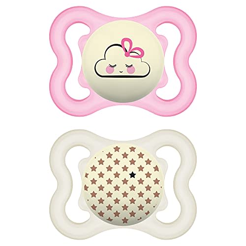MAM Supreme Night Baby Pacifier, for Sensitive Skin, Patented Nipple, 2 Pack, 0-6 Months, Girl
