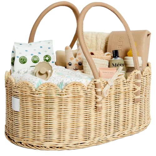 BEBE BASK Baby Diaper Caddy Organizer - Artisan-Crafted Scalloped Rattan Basket - Luxurious Diaper Caddy Basket - Elegant Scalloped Basket (Natural)