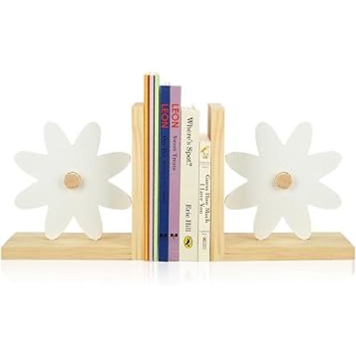 Harloon Wooden Bookends Daisy Shape Bookends Nursery Decor Childrens Book Ends Gift Modern Pastoral Flower Bookends Non Slip Bookshelf Bedroom Home Office Decoration Bookend Supports