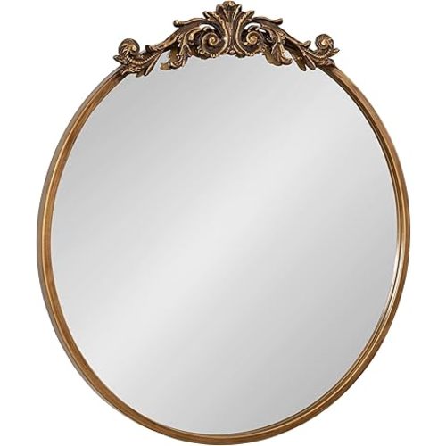 Kate and Laurel Arendahl Ornate Glam Round Mirror; 24 Inch Diameter; Gold; Dramatic Baroque Style Wall Mirror for Vintage Antique Inspired Home Decor Aesthetic