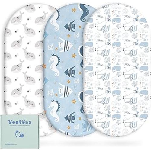 Yoofoss Bassinet Sheets for Baby,3-Pack Fitted Bassinet Sheets Set Compatible with Halo Bassinest Swivel Sleeper,Baby Delight,Angelbliss,Soft Breathable Bassinet Mattress Sheets (Blue+Seahorse)