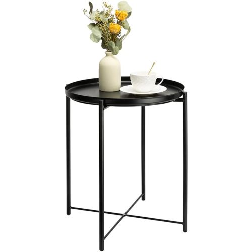danpinera Metal Black Side Table for Small Spaces Outdoor Patio Table Round Metal Coffee Table Waterproof Removable Tray Table for Living Room Bedroom Balcony Office Black