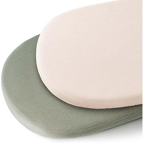 Konssy 2 Pack Muslin Bassinet Sheets for Baby Boy, 100% Cotton Soft Breathable Bassinet Mattress Sheets Fit for Hourglass Oval Cradle Rectangle Mattress (Fog Green,Cream)