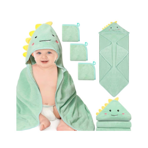 4 PCS Hooded Baby Towels, Soft Baby Towel, Absorbent Baby Bath Towel, Baby Towels and 3 PCS Baby Washcloths for Newborns, Toddlers, and Kids, 32x32 in Baby Towel with Hood for Boy and Girl (Dinosaur)
